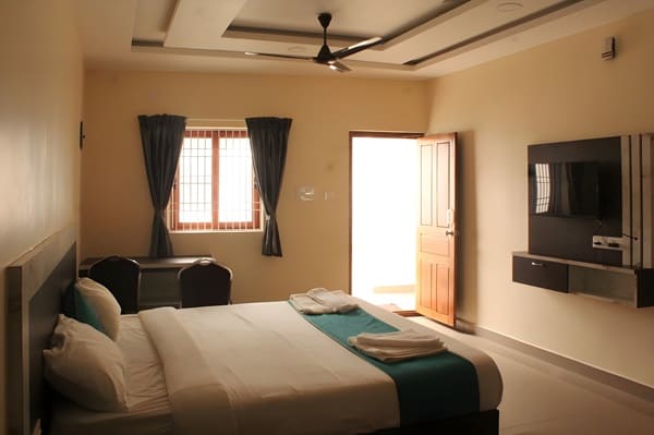 Elegant hotel room with a comfortable bed