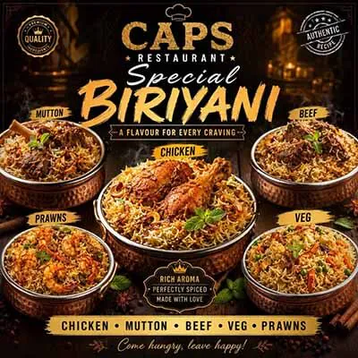 Hotel CAPS special biryani varieties including chicken, mutton, beef, vegetable and prawns
